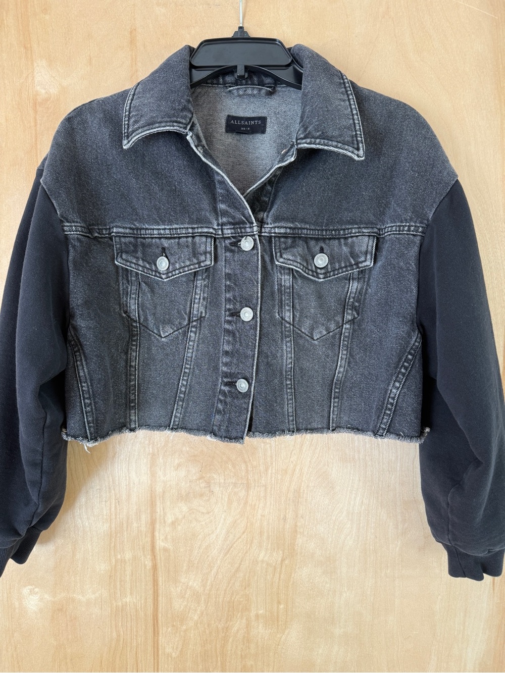 AllSaints Anders Mixed Media Cropped Denim Jacket: XS - Picture 5 of 13